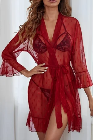 Sexy Lace Nightgown in deep red sheer lace with belt