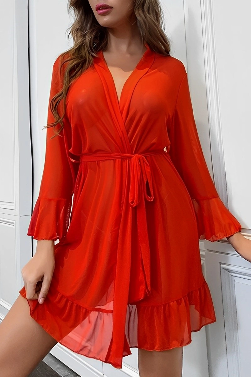 Sexy Lace Nightgown with fiery orange-red lace and flowy sleeves