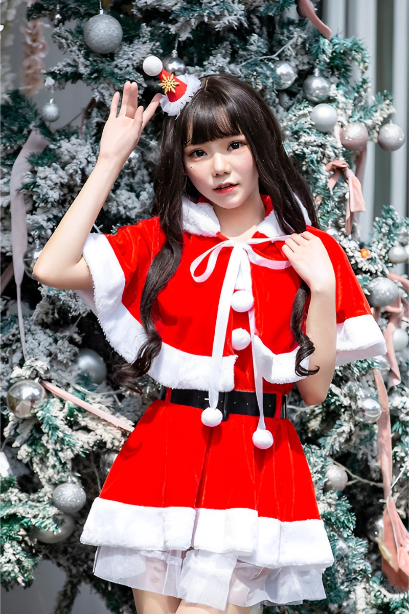 Alt Text: sexy mrs claus costume festive red velvet dress with pom-poms and white fur trim