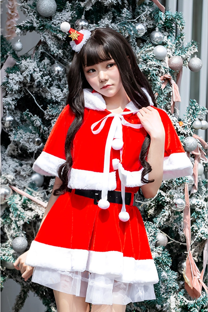 Alt Text: sexy mrs claus costume red velvet cape dress with black belt and white fur trim front view