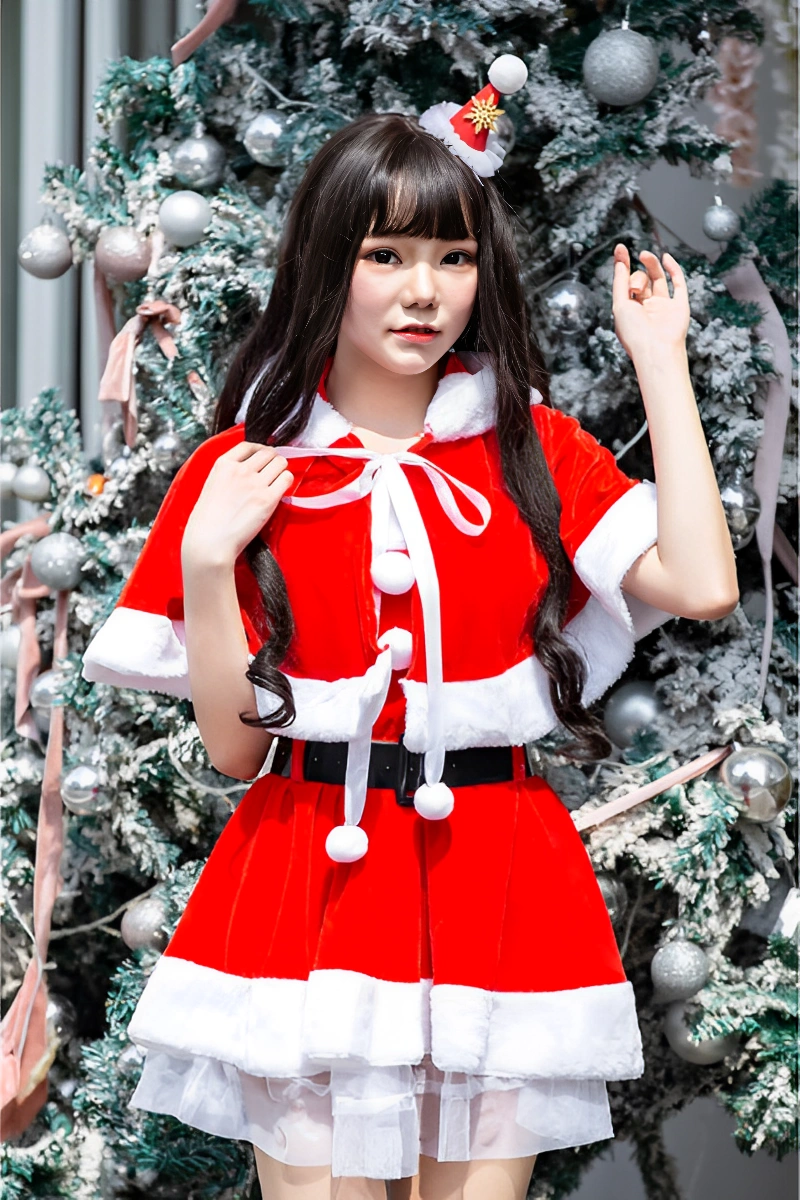 Alt Text: sexy mrs claus costume red velvet dress with white faux fur trim and black belt
