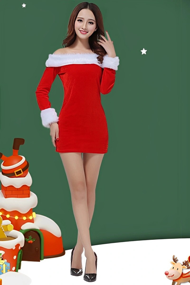 Alt text:Sexy off-shoulder santa roleplay costume in red with white fur trim for Christmas cosplay