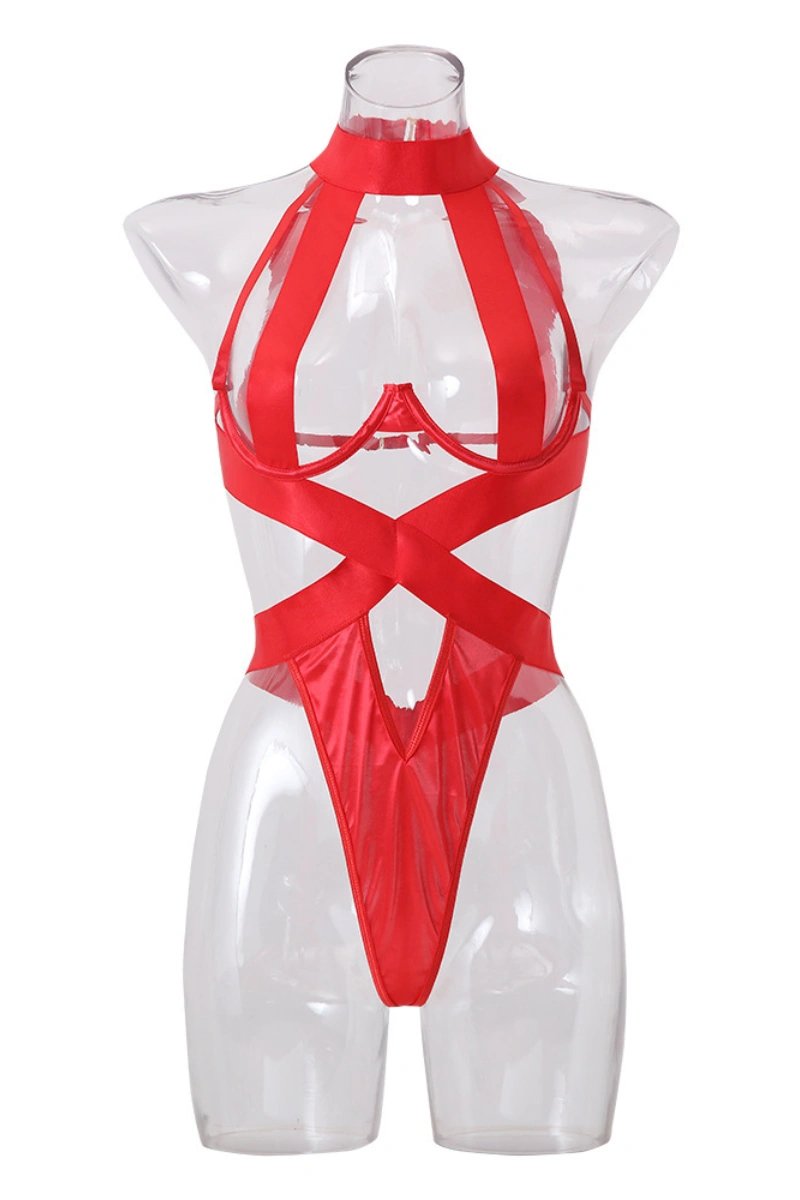 Alt Text:Sexy PU lingerie in red with halter neckline and bold straps