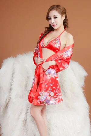 Model wearing sexy red kimono lingerie set with bra and robe