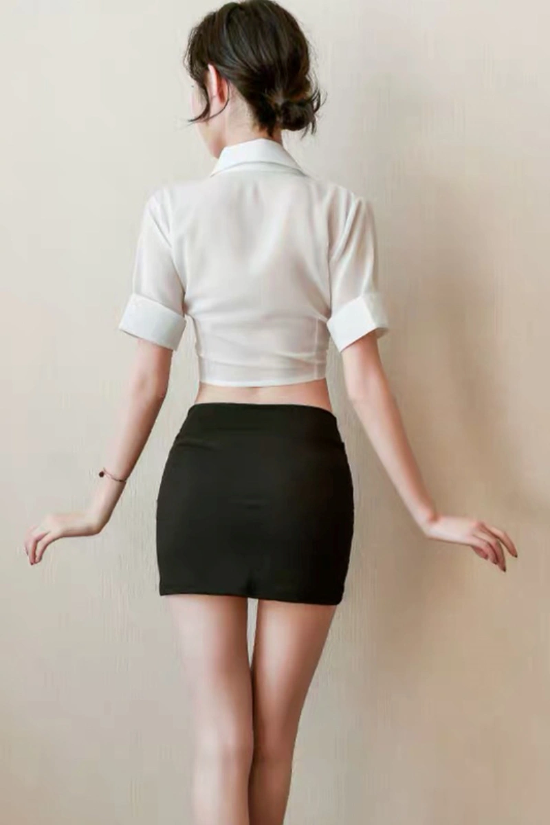 Sexy secretary skirt set back view with short white blouse and black skirt
