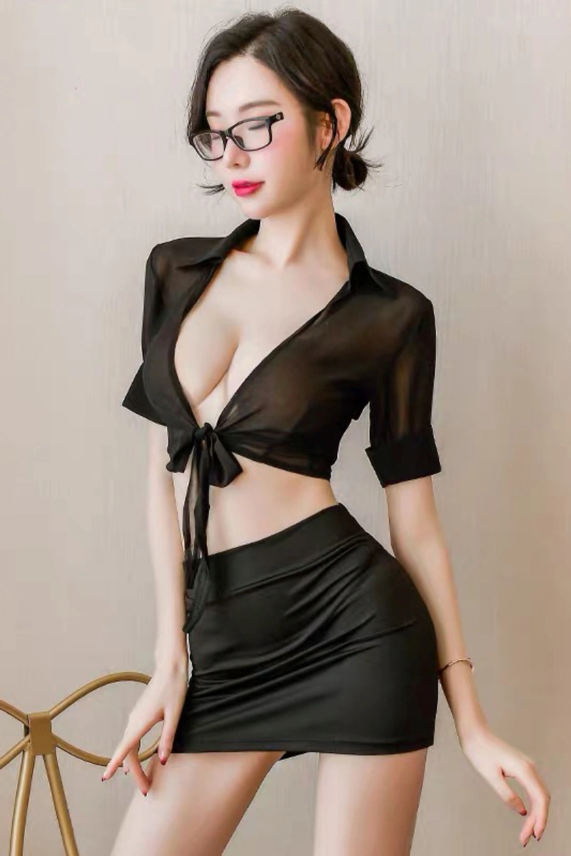 Sexy secretary skirt set with black blouse, mini skirt, and roleplay glasses