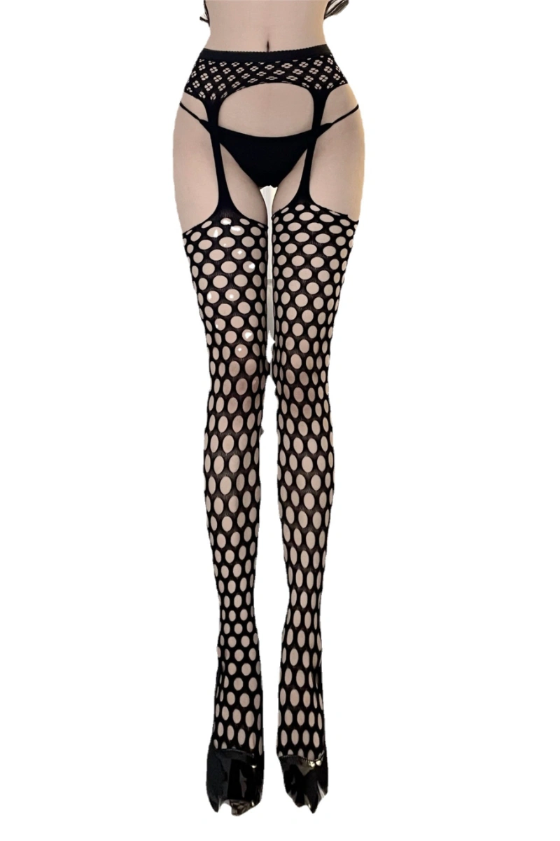 Black silk stockings fishnet overlay featuring garter belt style, paired with lingerie for a bold seductive look.