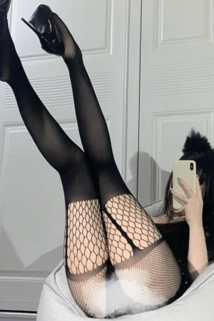 Black silk stockings set featuring fishnet thigh patterns and sheer legs, ideal for lingerie wholesalers.