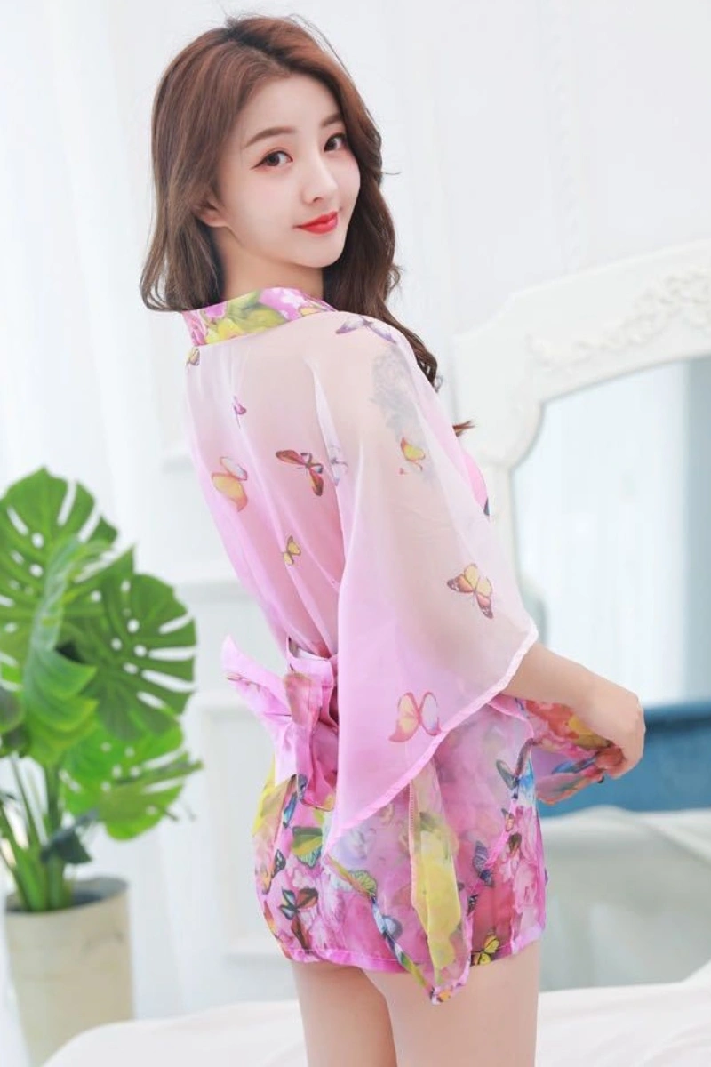 Back of sheer kimono robe in pink with butterfly design
