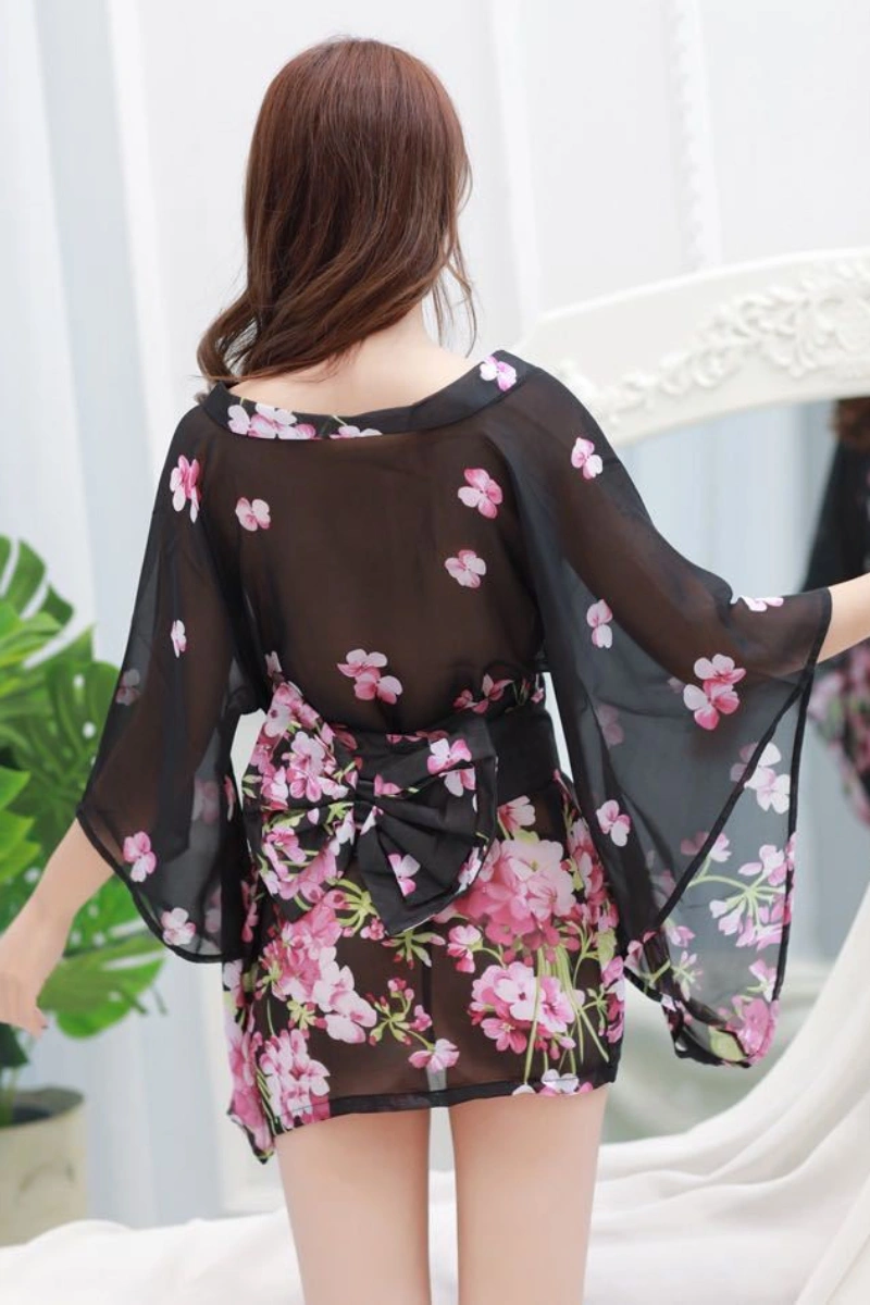 Back of sheer kimono robe in black with pink sakura design
