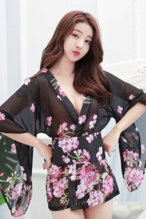 Black sheer kimono robe with pink sakura floral pattern