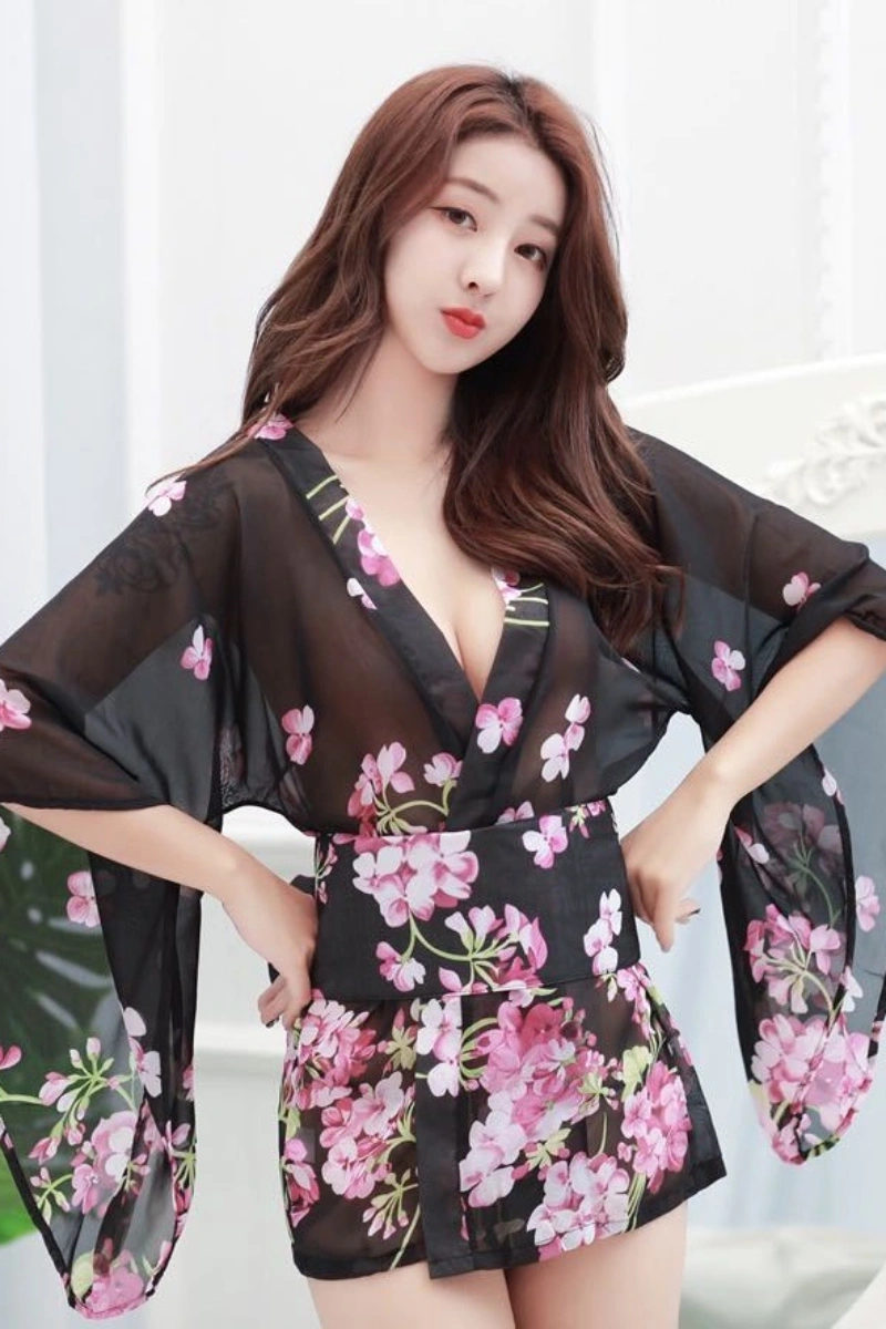 Black sheer kimono robe with pink sakura floral pattern