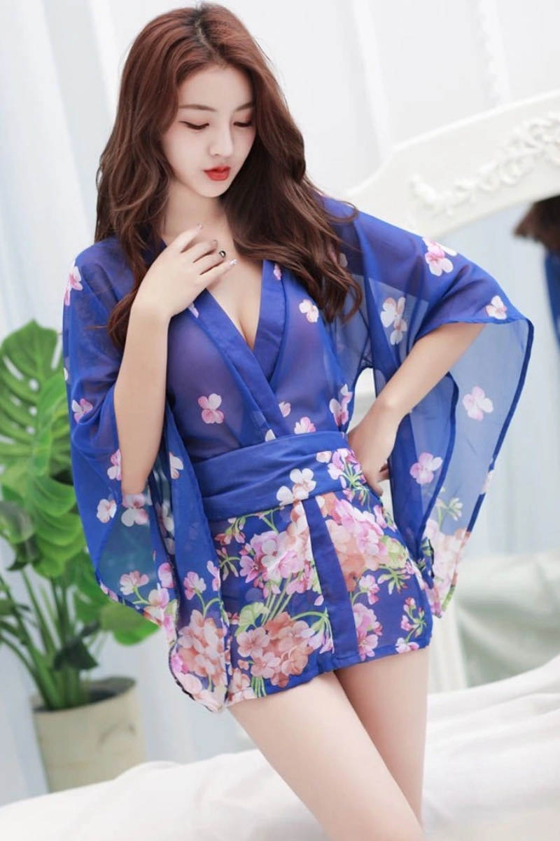 Model in sheer kimono robe with blue sakura floral print