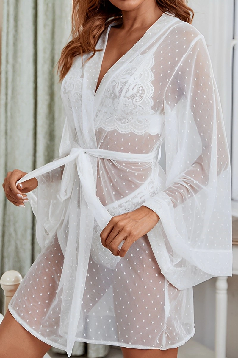 Alt Text: White Sexy Nightgown wholesale sheer robe with polka dot mesh