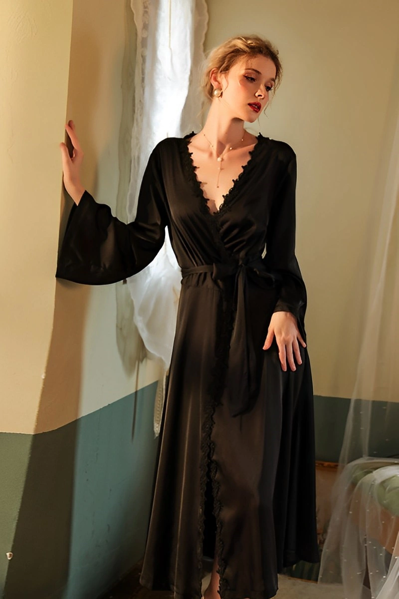 alt text:Black Sheer Sexy Nightgown wholesale with full-length sleeves and lace edging