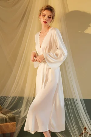alt text：White Sheer Sexy Nightgown wholesale with scalloped lace front trim