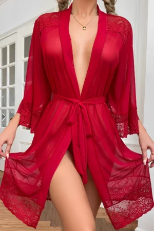 Red Sheer Sexy Nightgown bulk with deep V-neck and lace cuffs