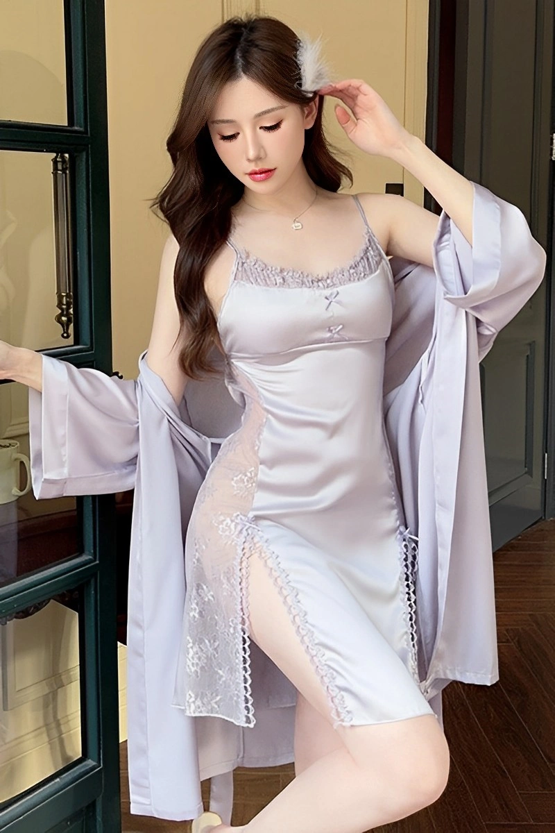 Alt Text:Lavender Sheer Sexy Nightgown featuring delicate lace slit