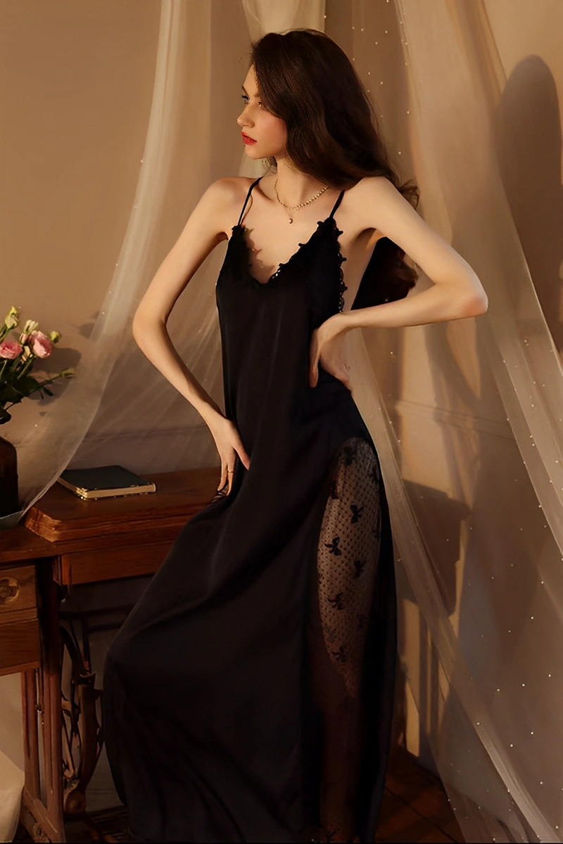 Alt text:Short Sexy Nightgown bulk in classic black with lace panel