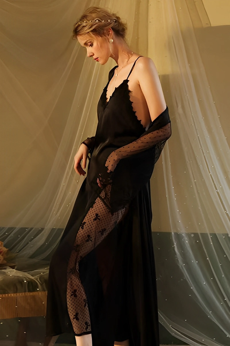 Alt text:Short Sexy Nightgown bulk in black with sheer lace sleeves and side panel