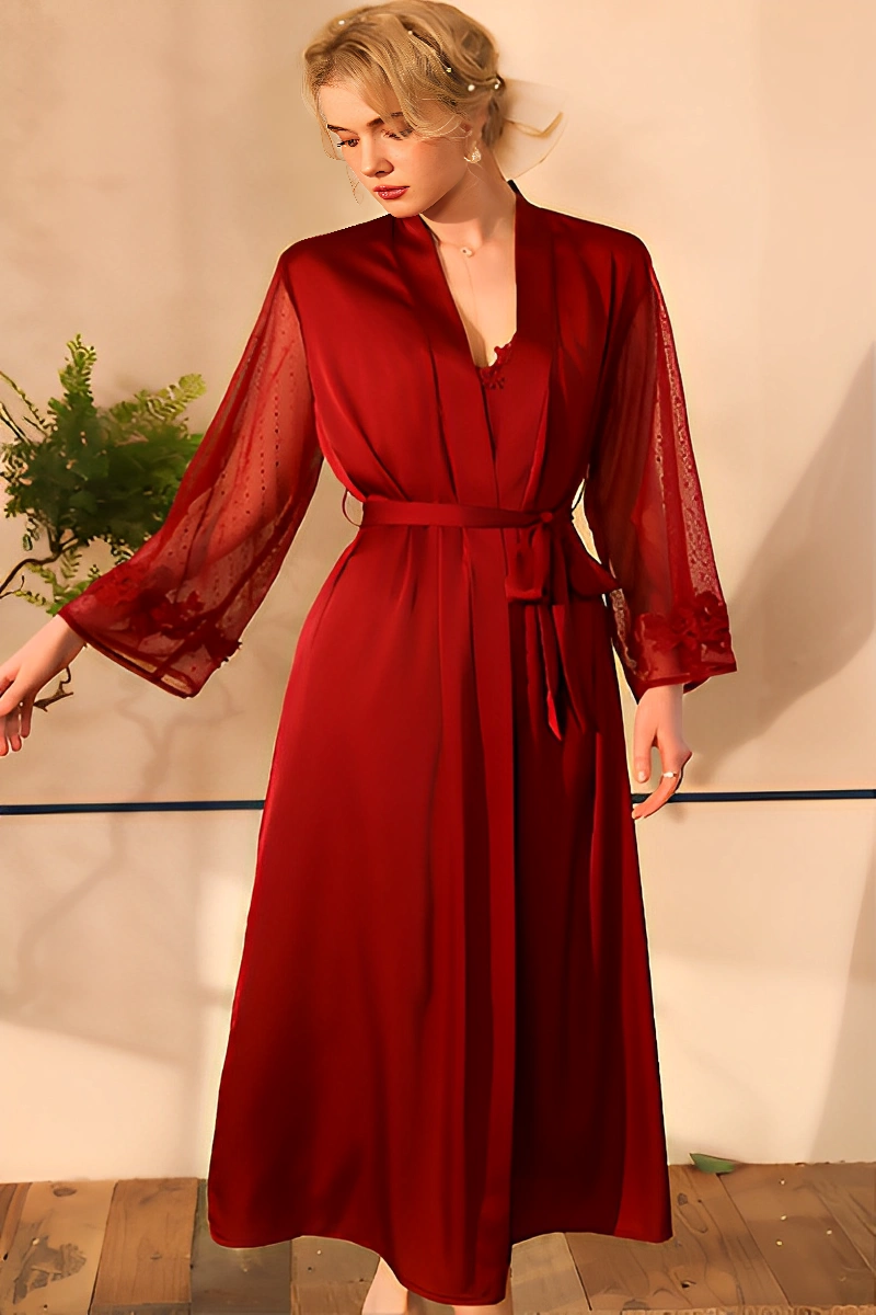 Alt text:Short Sexy Nightgown bulk in wine red with matching robe