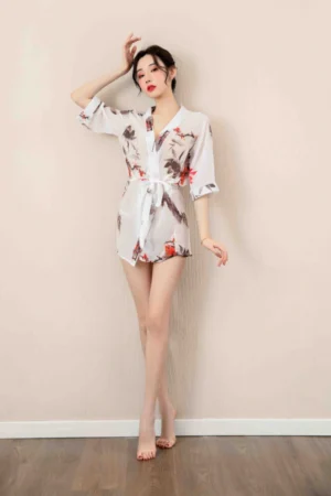 Alt Text：Elegant floral kimono nightwear dress in silky white with red lotus print