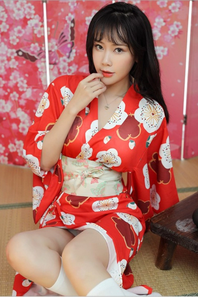 Alt text:Stylish red floral wholesale kimono loungewear for women with sash belt and soft texture