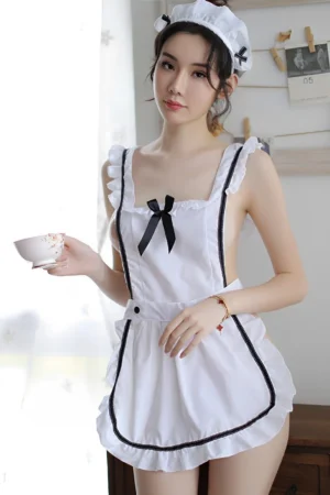 Alt Text：Temptation Maid Uniform white apron with black bow and ruffle trim