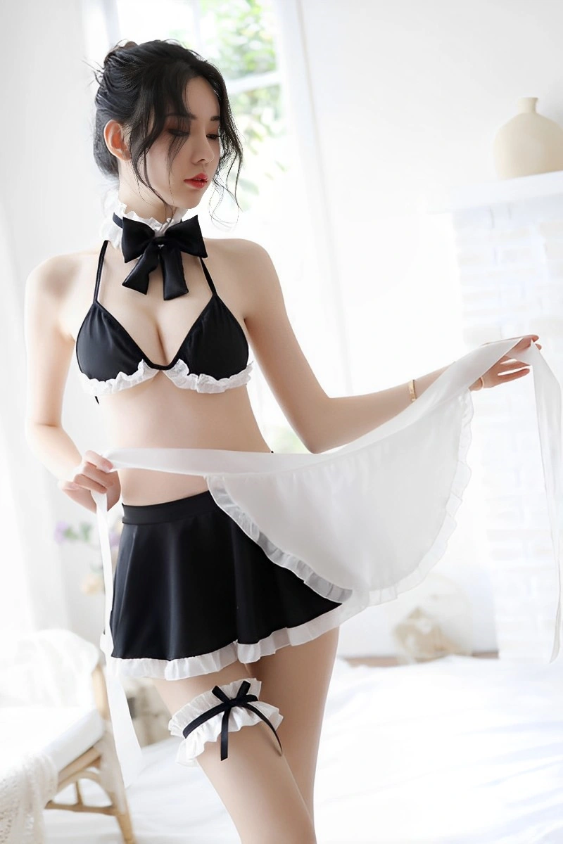Alt Text:Two-piece Maid Cosplay Outfit Women in black and white with mini apron