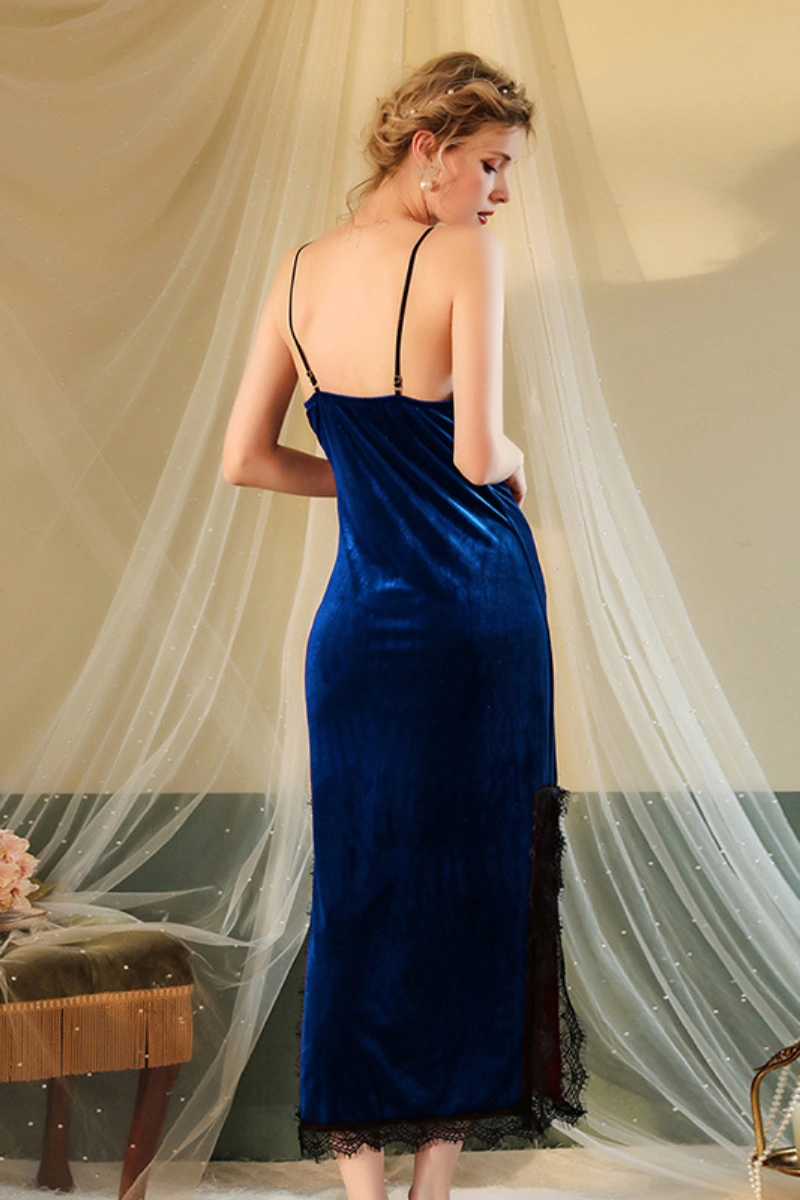 Back view of wedding lace pajamas in royal blue velvet, with slim straps and lace hem detailing.