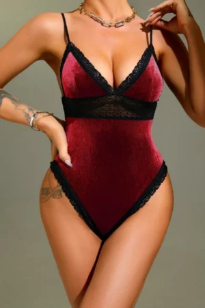 Burgundy velvet vintage Lace Pajamas with black lace trim, designed for elegant lingerie wholesale buyers.