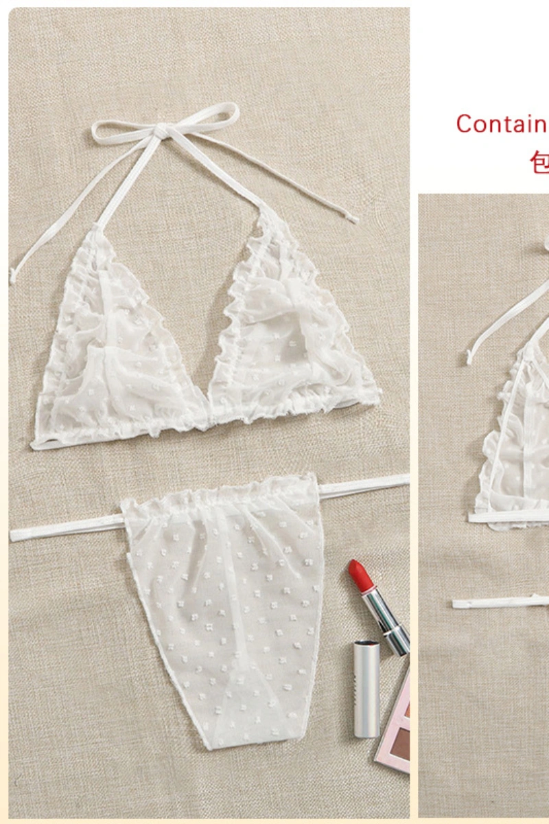 Elegant white christmas lace pajamas with triangle bra and thong bottom.