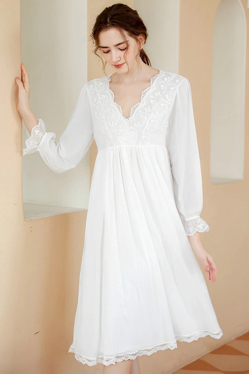 Alt Text: White embroidered sexy satin nightgown bulk with delicate floral lace
