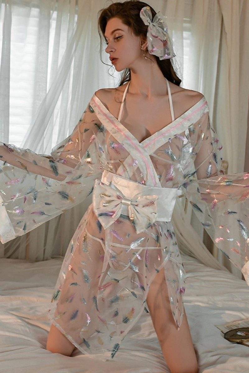 Alt text:White sheer kimono babydoll lingerie with colorful feather prints and a satin bow