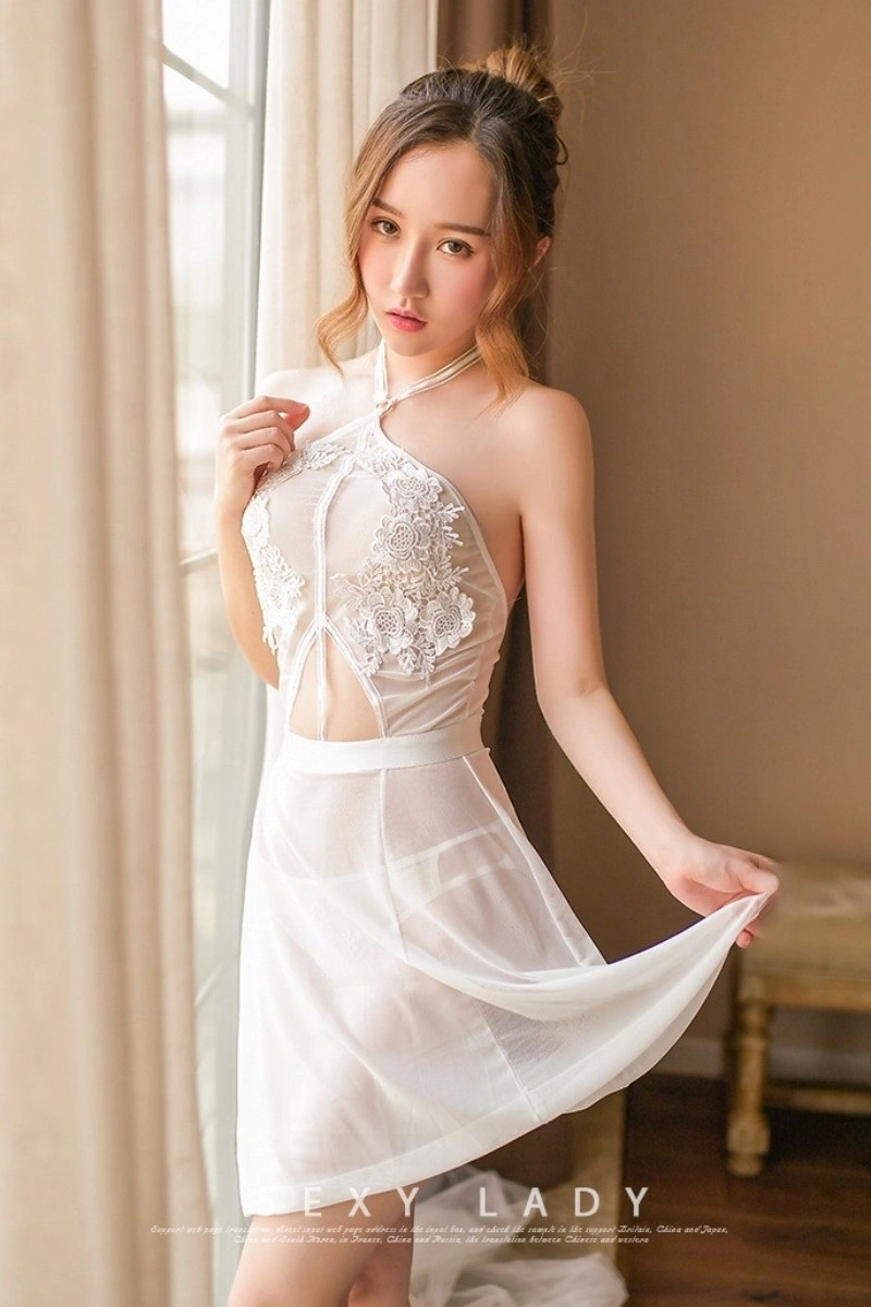 Front view of Lace Pajamas in white, featuring floral lace embroidery, halter neckline, and sheer mesh skirt.