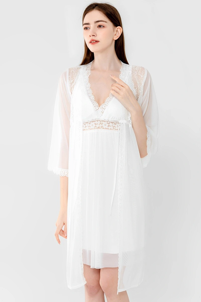 Alt Text:White lace trim Sexy Satin Nightgown paired with a matching sheer robe