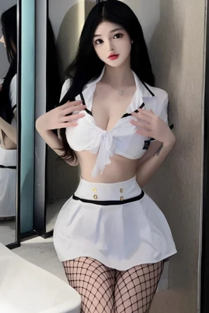 Model in a white Policewoman Mini Dress featuring a tie-front cropped top and pleated mini skirt with gold button accents.