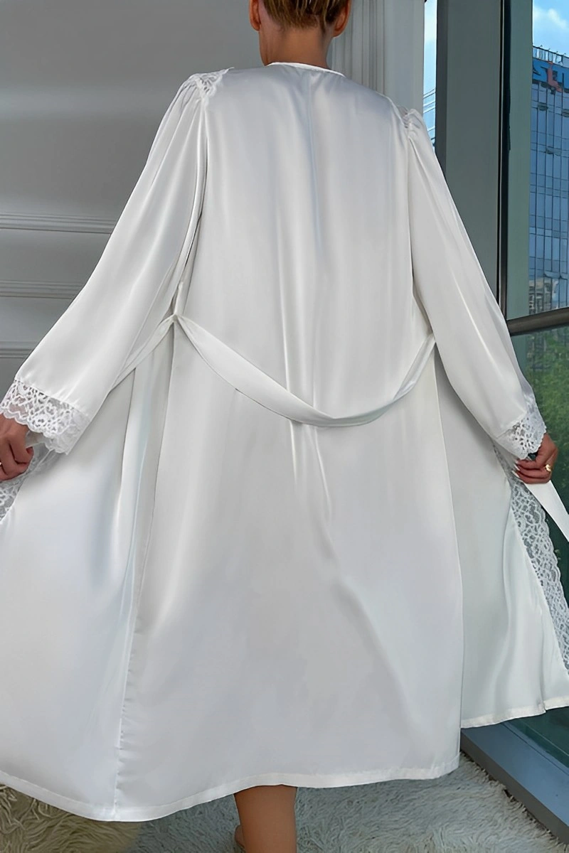 White Sexy Nightgown bulk satin robe with lace cuffs, back view