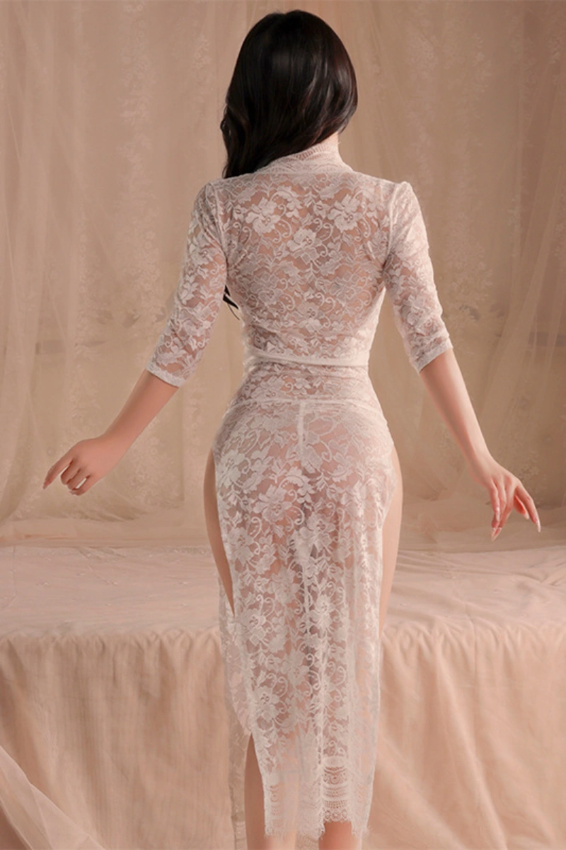 Back view of white wholesale lace cheongsam lingerie featuring sheer lace and elegant cut.
