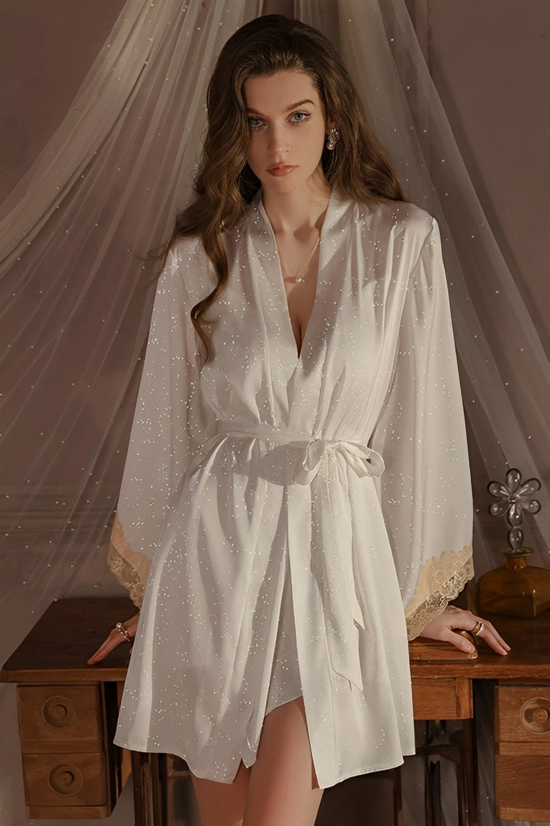 White private label Long Sexy Nightgown with belted satin robe and lace cuffs