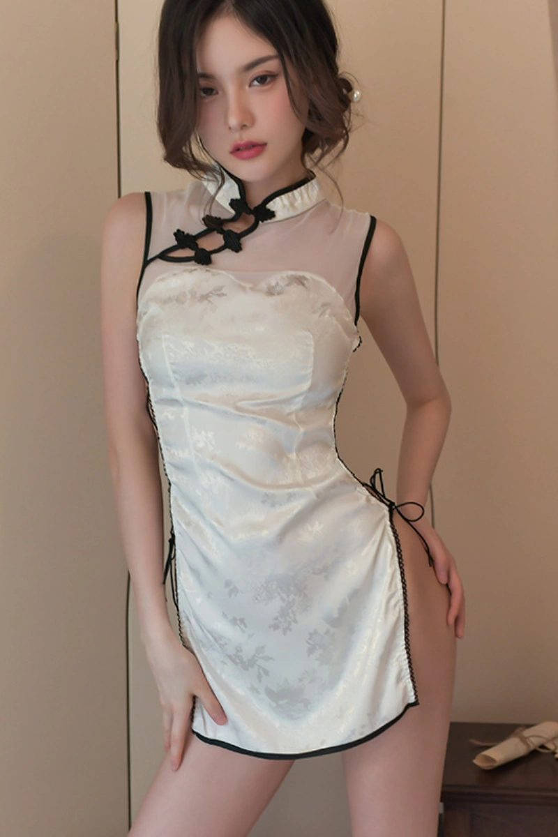 Model in white cheongsam lingerie bodysuit made of satin fabric with mesh collar detail