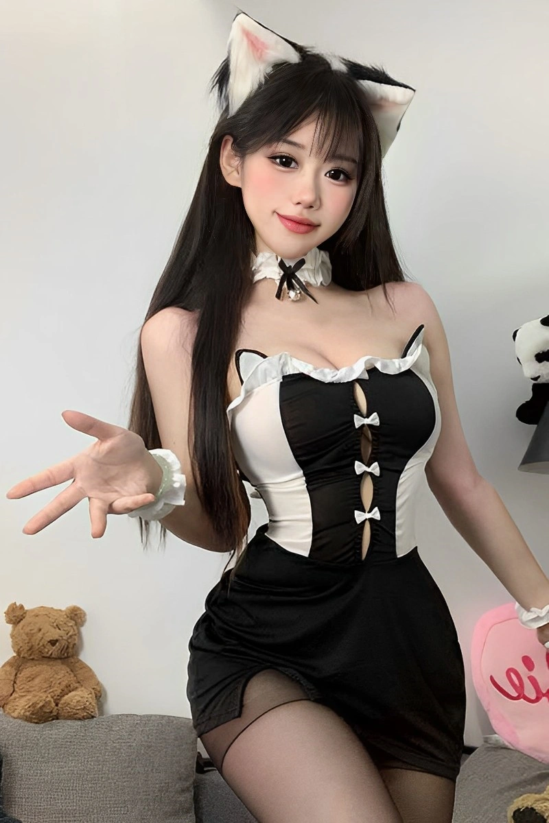 Model showcasing wholesale cat ears lingerie with ruffle neckline, bow details, and cosplay cat ear accessory.