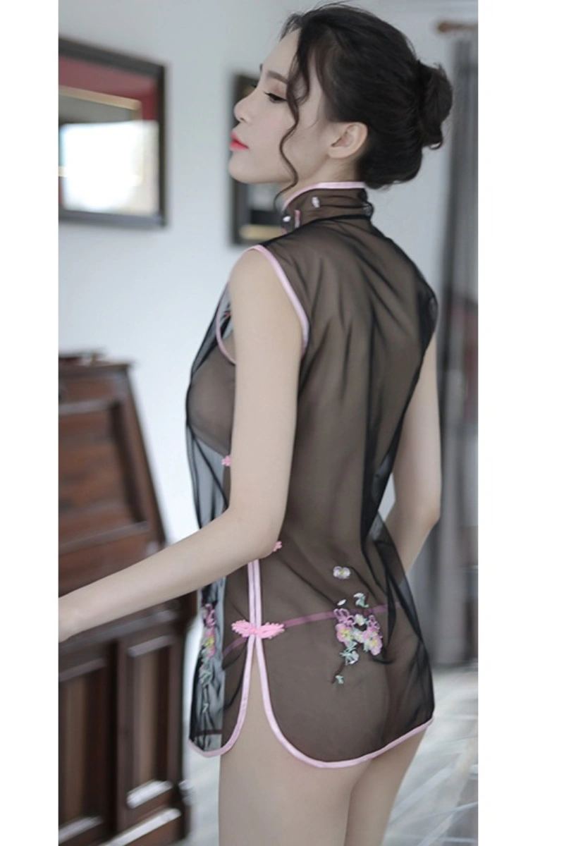 Back view of wholesale cheongsam lingerie in black sheer fabric with pink trim and floral embroidery.