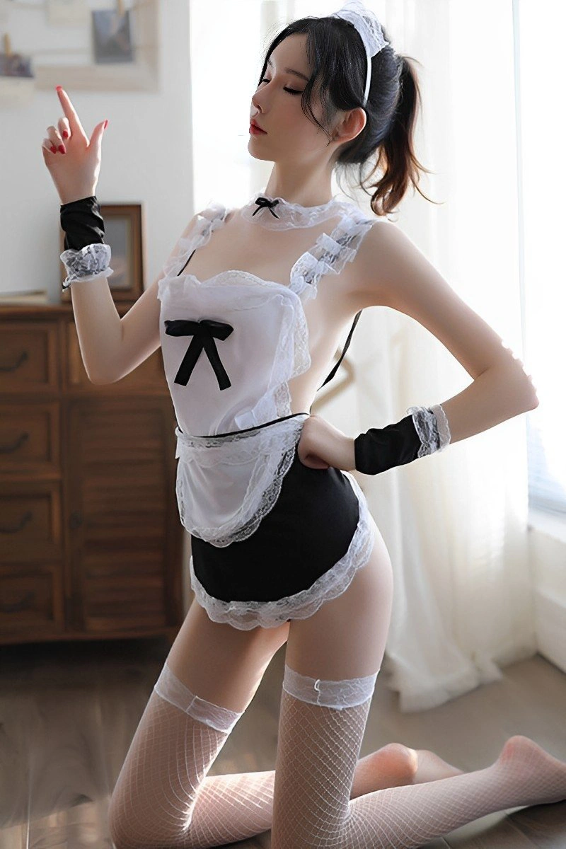alt text:wholesale Elegant French Maid Dress with black and white contrast and lace embellishments