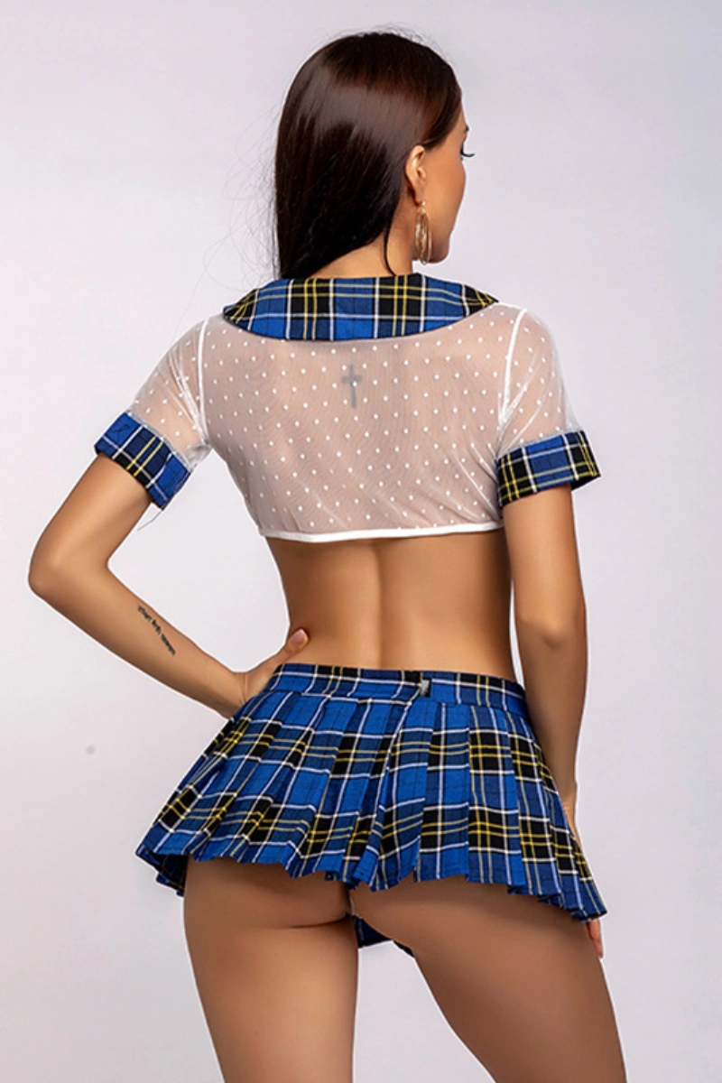 Back view of wholesale erotic student costume with blue plaid skirt and sheer crop top