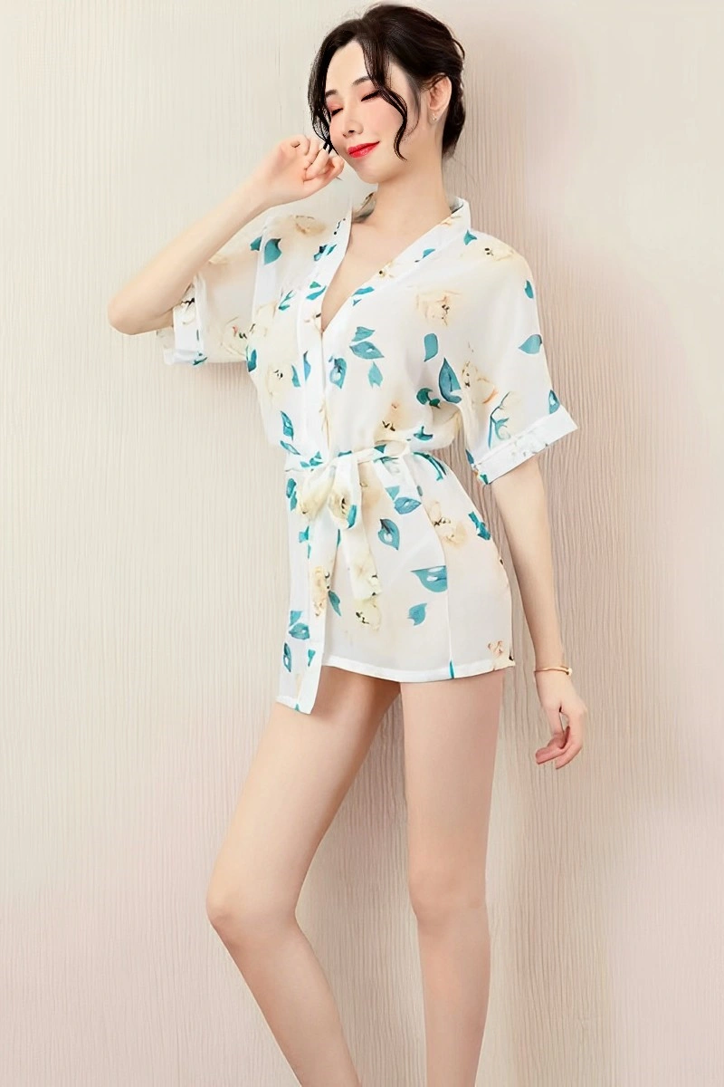 Alt Text:Wholesale Japanese Kimono Nightwear with side view showing floral and leaf pattern