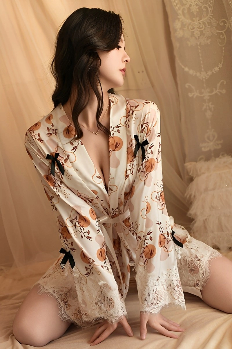 Alt Text: Wholesale kimono inspired lingerie featuring delicate floral print and lace details