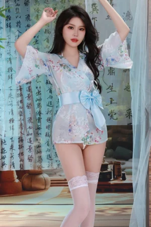 Alt Text： Wholesale kimono lingerie with light blue floral sheer material and ribbon belt
