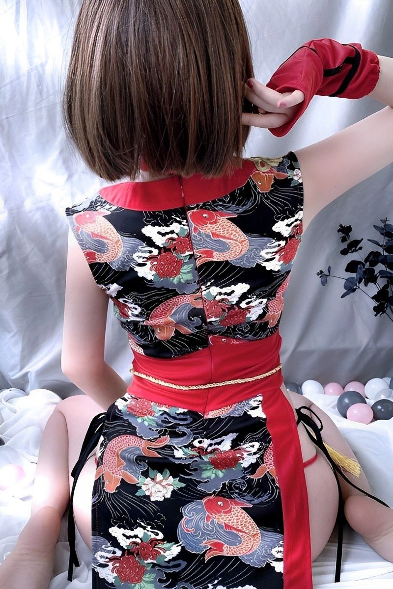 Alt Text:Back view of black and red wholesale kimono nightwear dress with gold belt and koi fish print