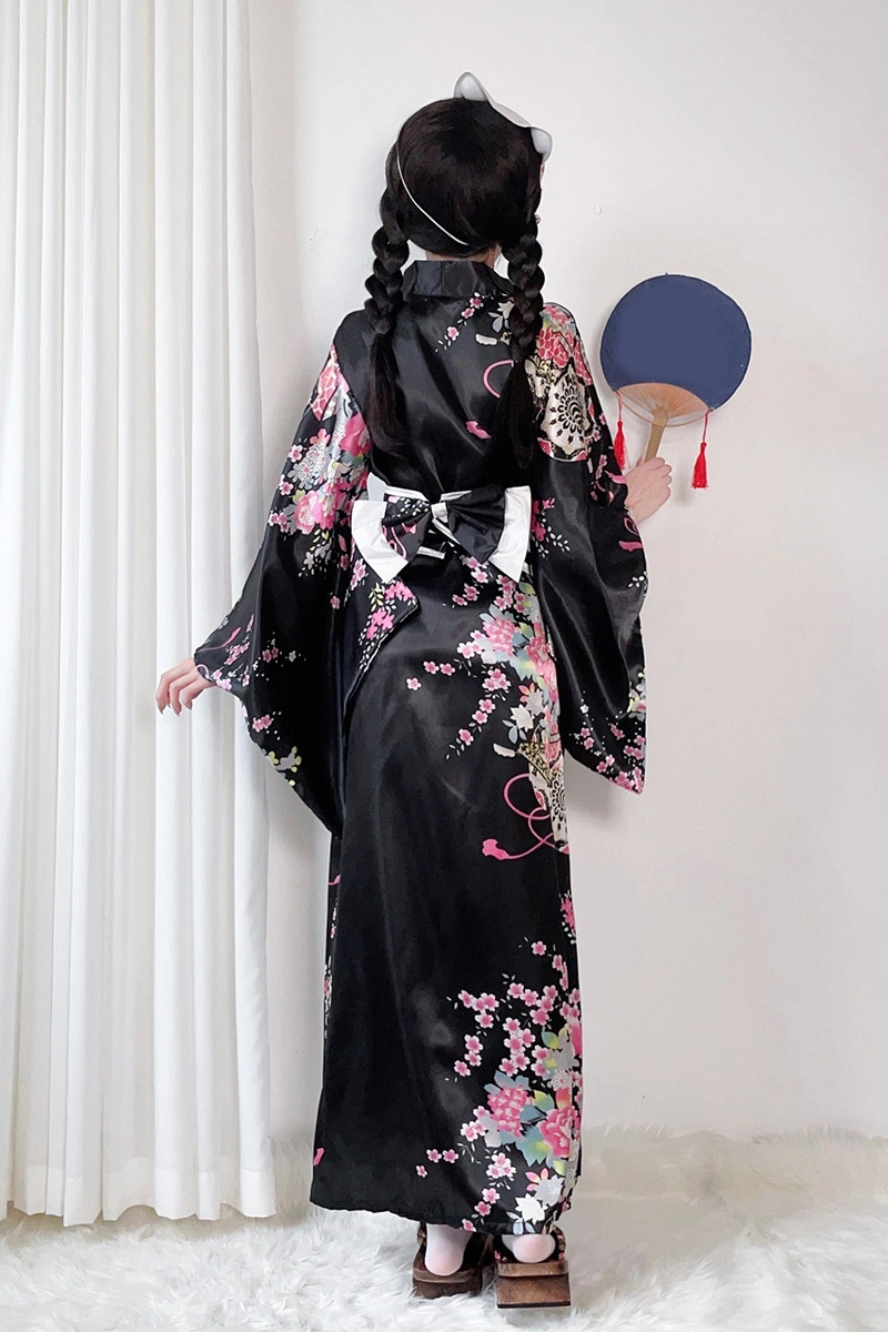 Alt Text:Wholesale kimono style sleepwear in black satin with floral print and large bow, back view